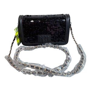 Badgley Mischka Vegan Leather Black Sequin Crossbody Bag Chain Strap Glam NWT